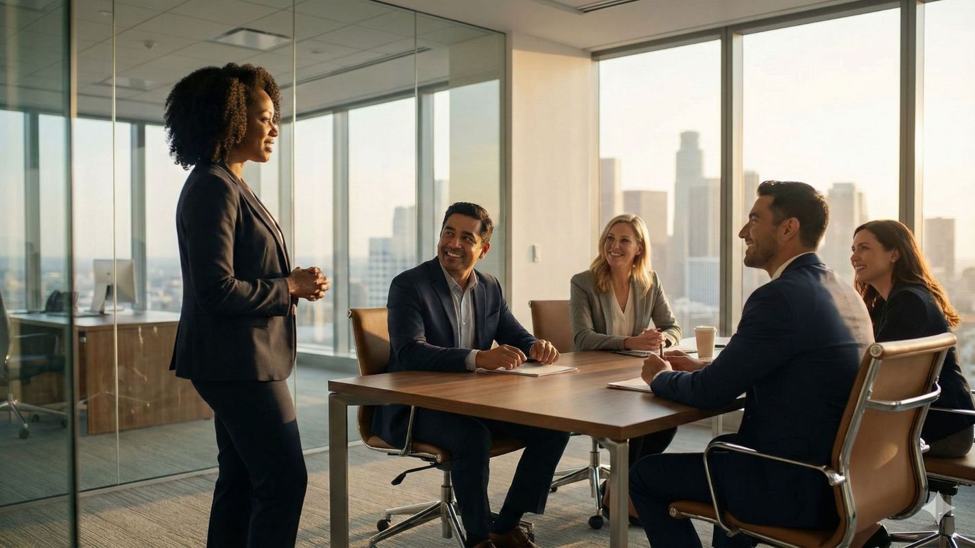 A diverse group of business leaders celebrating success in a modern boardroom meeting.