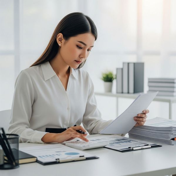 a person organizing documents and using a calculator