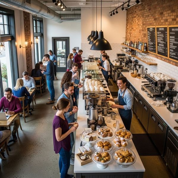A bustling, successful small business cafe filled with customers. A bustling, successful small business cafe filled with customers.