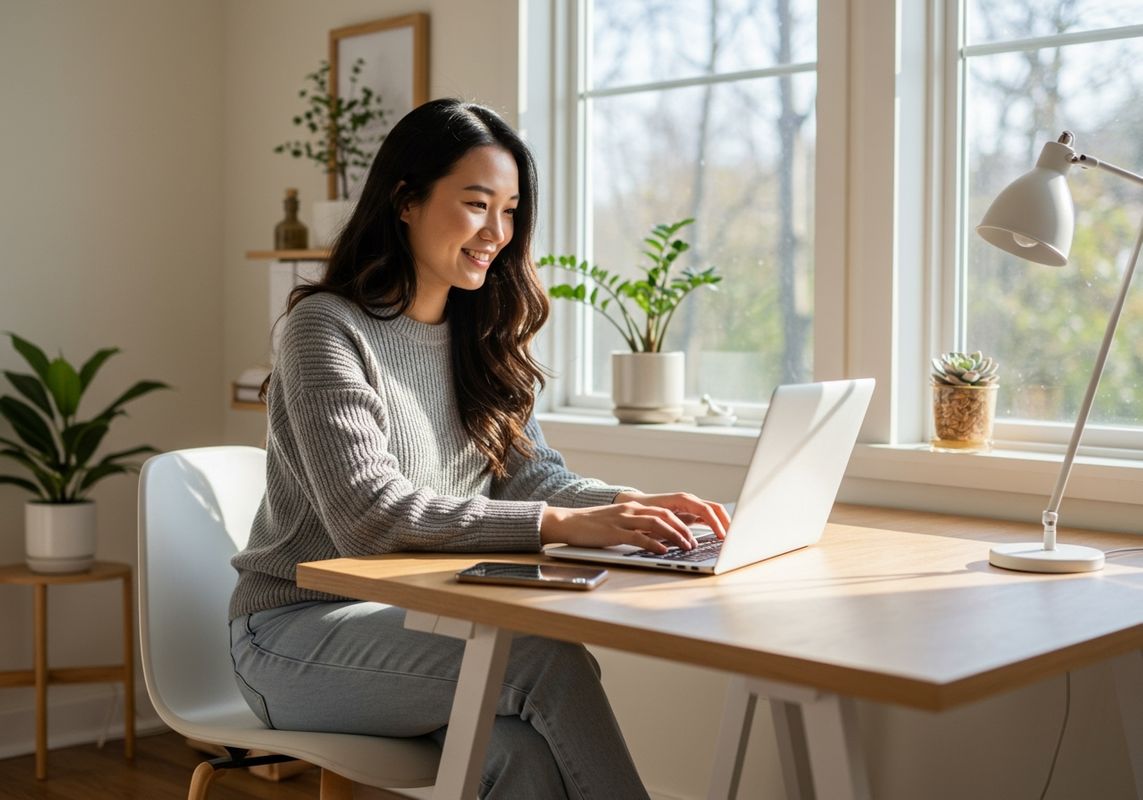 Person happily working on laptop in stylish home office