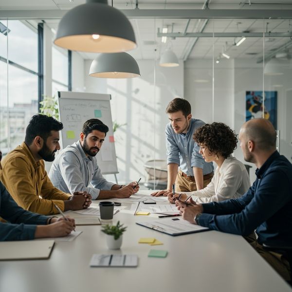 Diverse business team collaborating in a modern, inclusive office