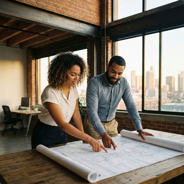 Two business partners reviewing blueprints in a sunlit office, symbolizing strategic planning for future growth after financial consolidation.