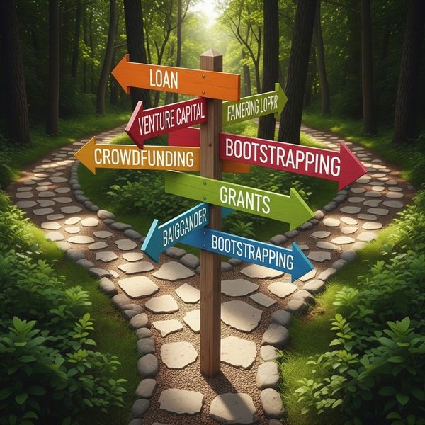 A signpost with multiple arrows symbolizing different financing options.