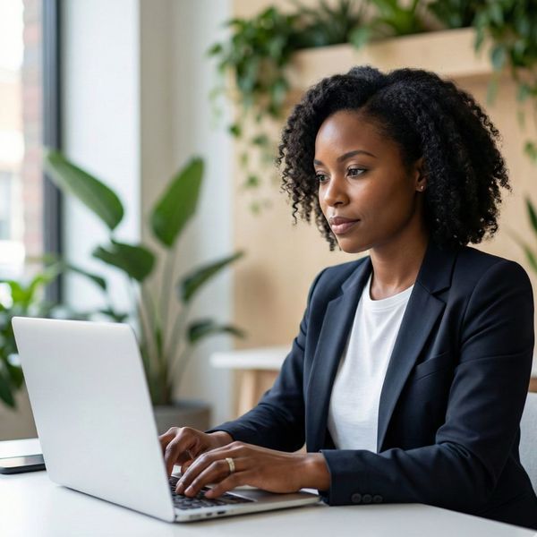 A Black female entrepreneur working on a laptop in a sunlit co-working space.