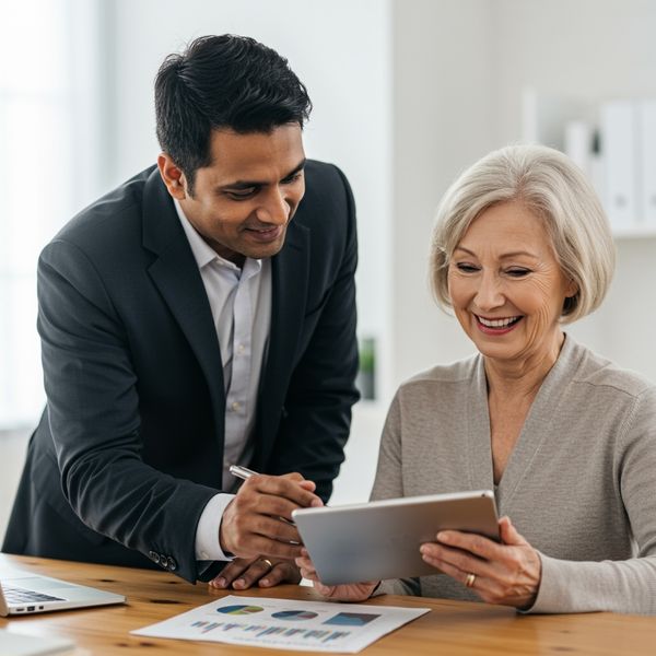 Smiling senior couple reviewing retirement plans with advisor