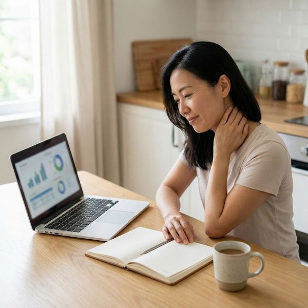 A woman sits at her kitchen table looking relieved after reviewing financial documents and consolidating her debt.