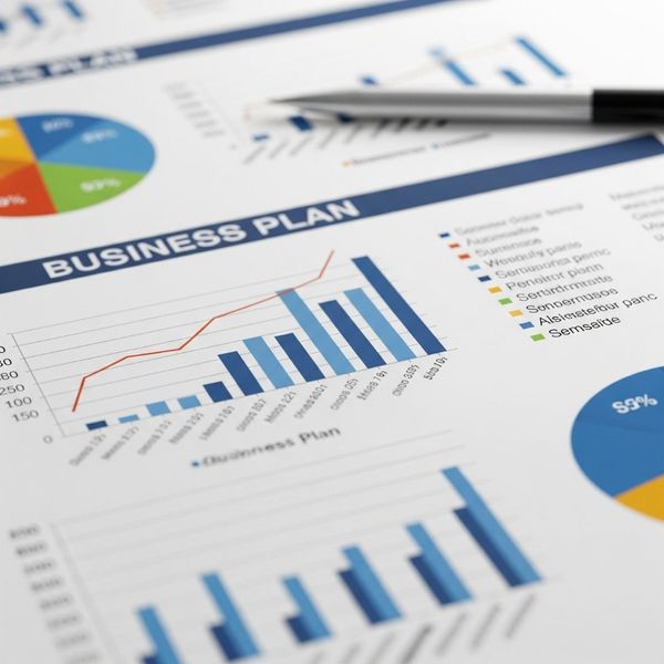 A close-up shot of a professional business plan with charts.