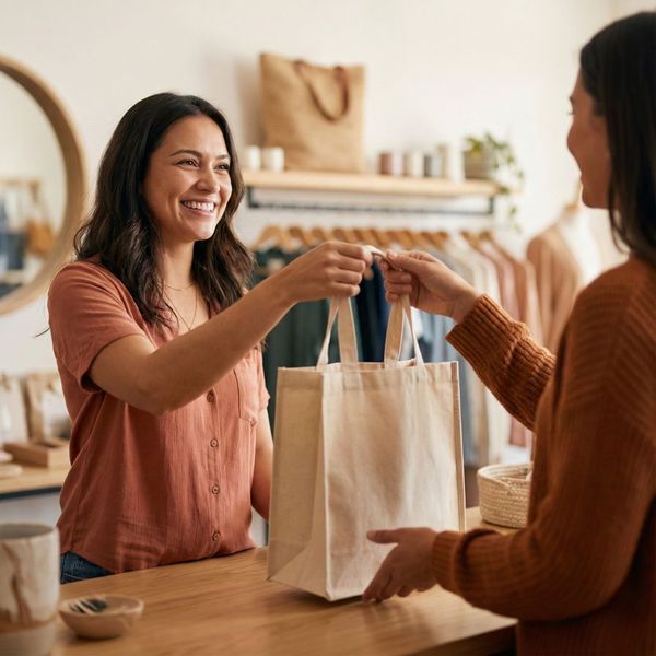 A female business owner serving a customer in a local retail boutique.