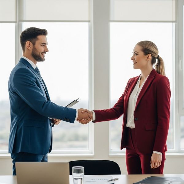 A firm handshake between two professionals in a business setting.