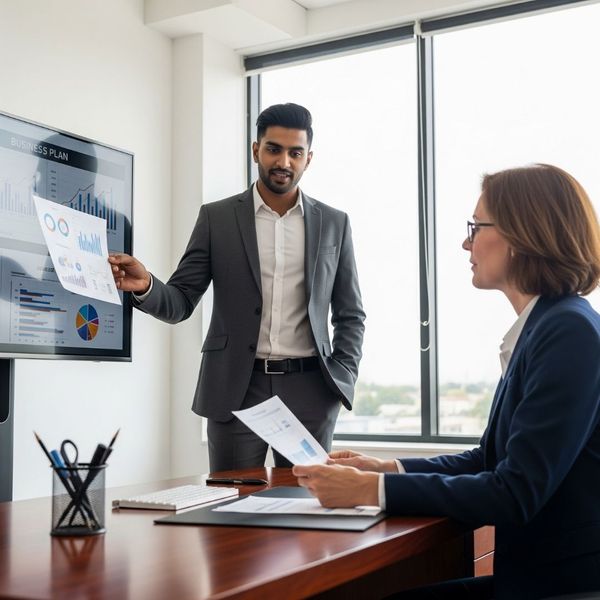 An entrepreneur confidently presents a business plan to a loan officer.