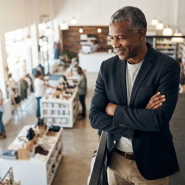 A mature business owner proudly surveys a bustling retail floor from an elevated mezzanine level.