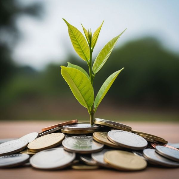 An image of a small sapling growing out of a pile of coins, symbolizing growth and investment.