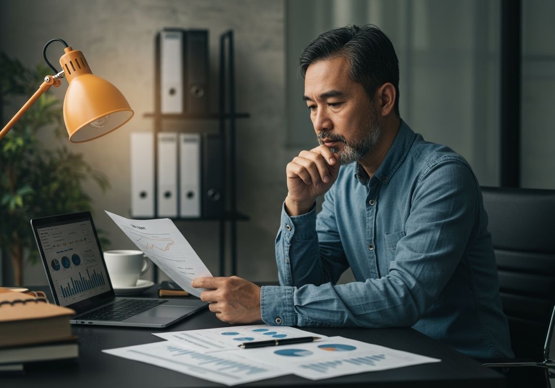Business owner reviewing credit report on laptop