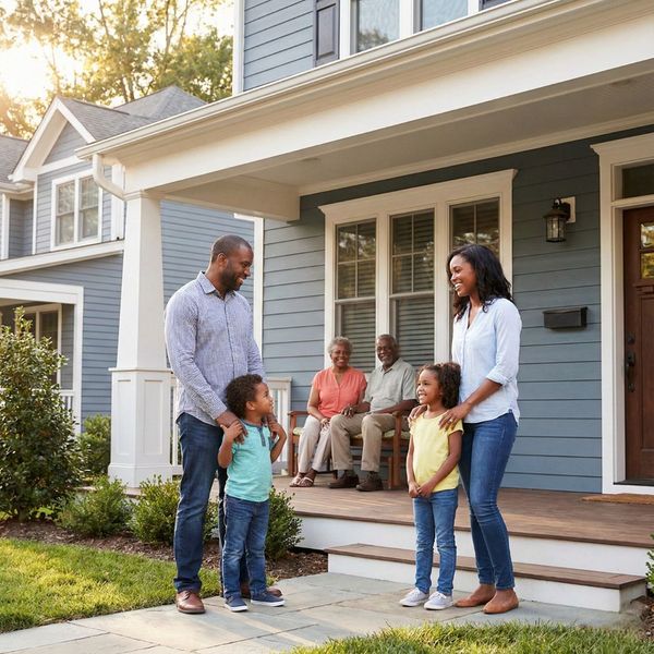 A happy, multi-generational family stands together on the front porch of their suburban home during the late afternoon.