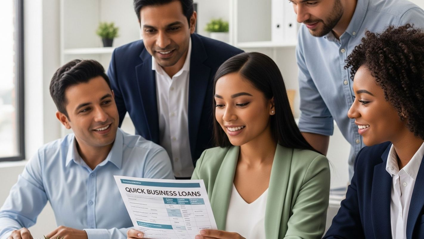 A diverse group of entrepreneurs collaborating on a business plan in a modern co-working space.