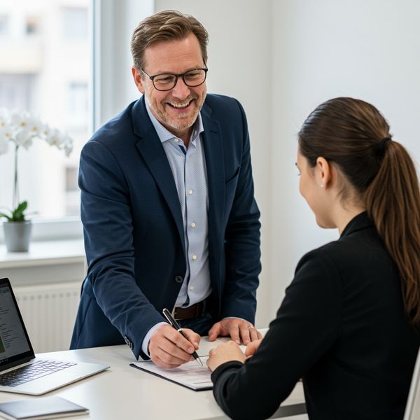 Business professional assisting client with loan application