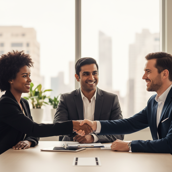 Diverse business partners shaking hands with a financial advisor