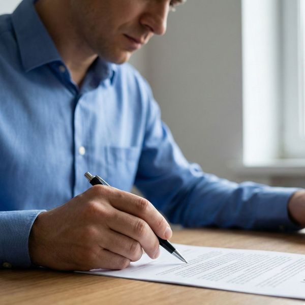 A business owner carefully scrutinizing a contract document at a desk to check for hidden terms or fine print.