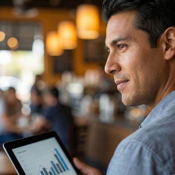 A focused business owner reviews financial plans on a tablet in a bright, modern cafe.