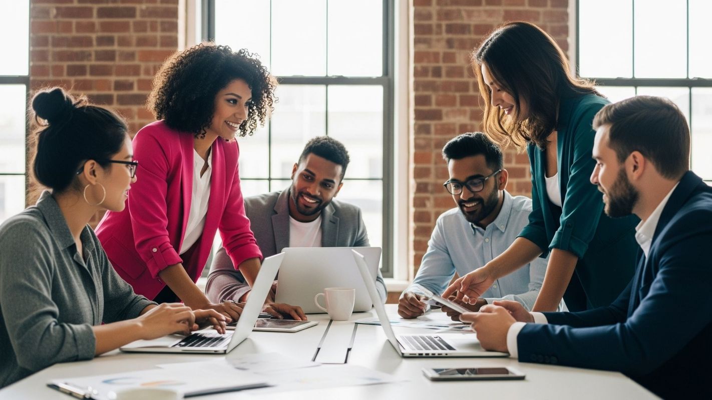 A diverse group of entrepreneurs collaborates in a modern office, discussing growth.