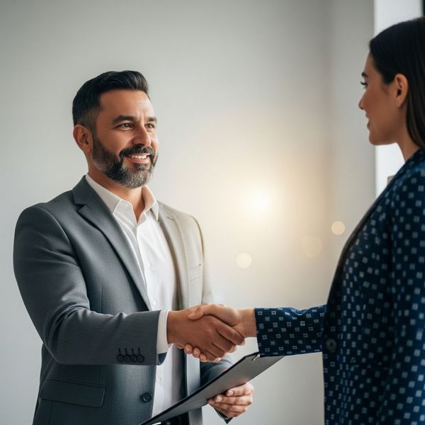 A successful business owner shaking hands with an investor.