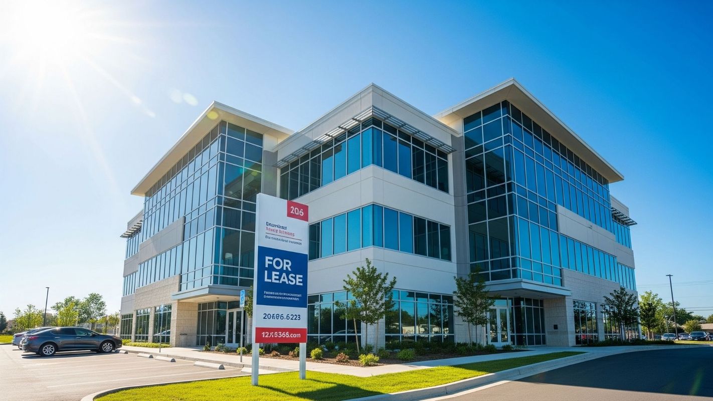 A modern commercial building in bright sunlight with a for lease sign.
