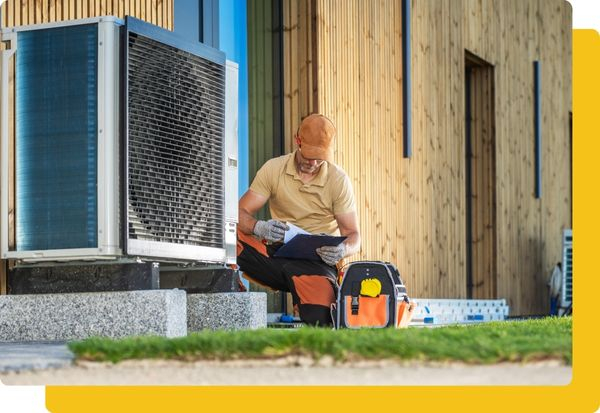 An HVAC tech checking a manual while kneeling next to a unit