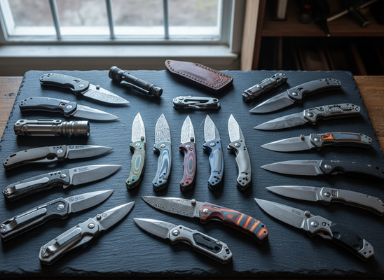 Collection of various folding knives and flashlights
