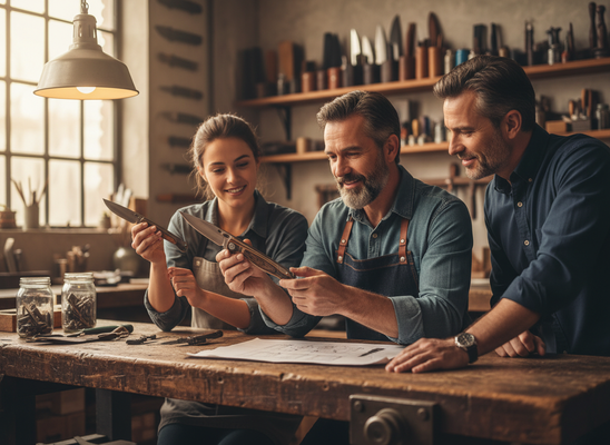 Craftsmen and woman examining handmade knives