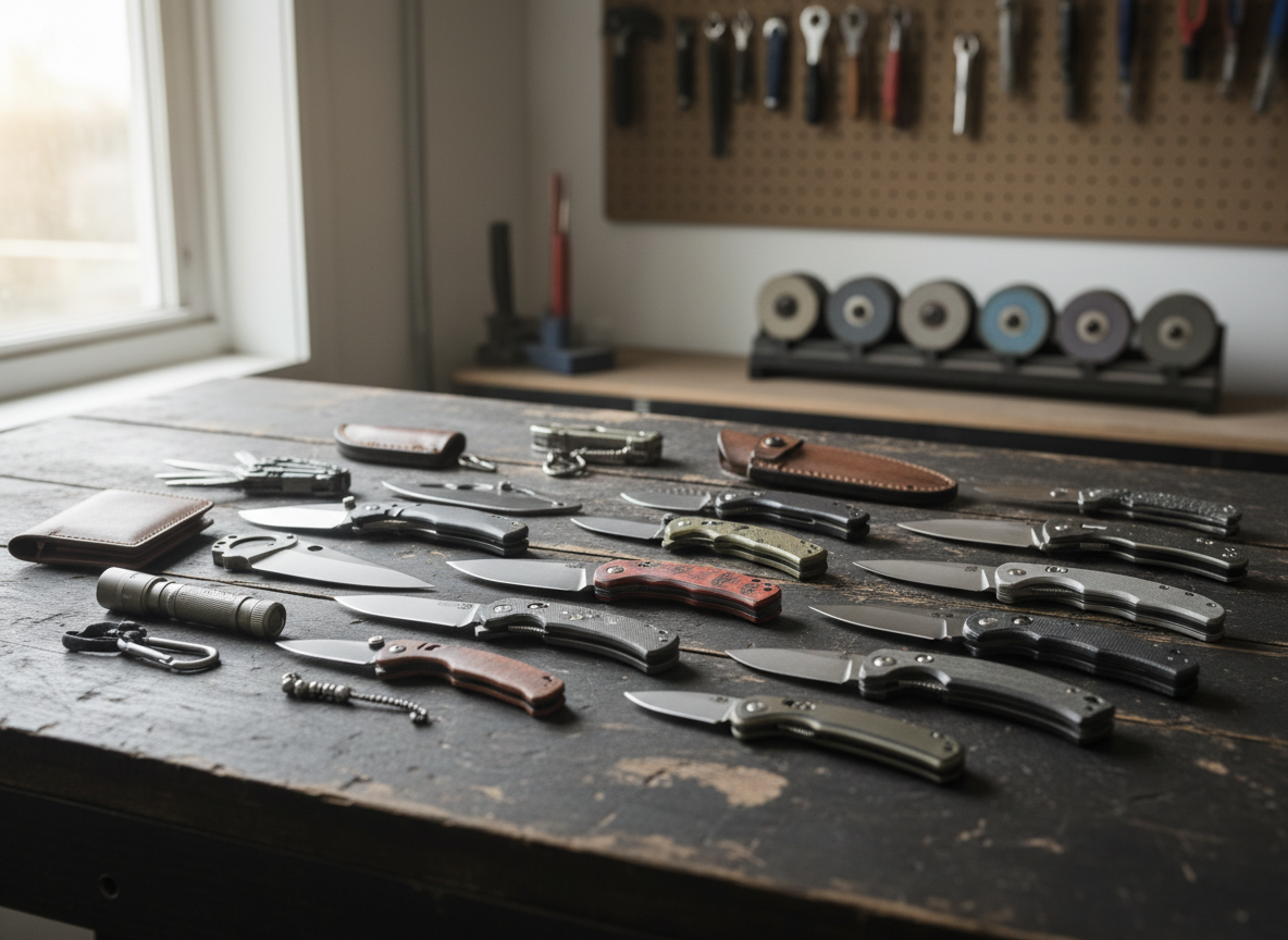 Collection of Folding Knives and Everyday Carry Items on a Workbench