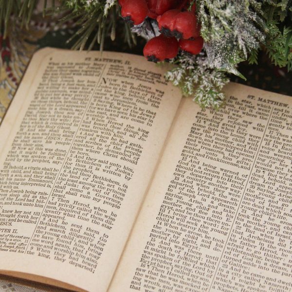 A Bible with Christmas greenery around it