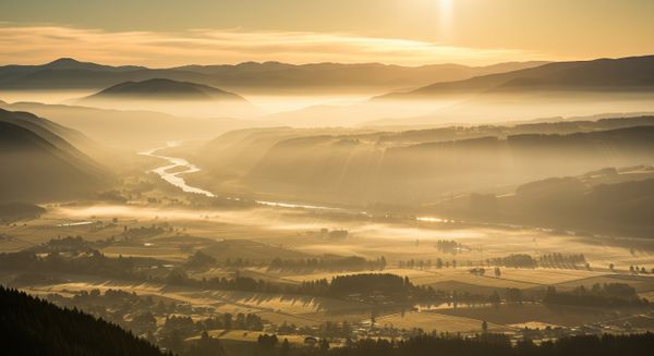 A sunlit valley at sunrise, representing a spiritual return and renewal.