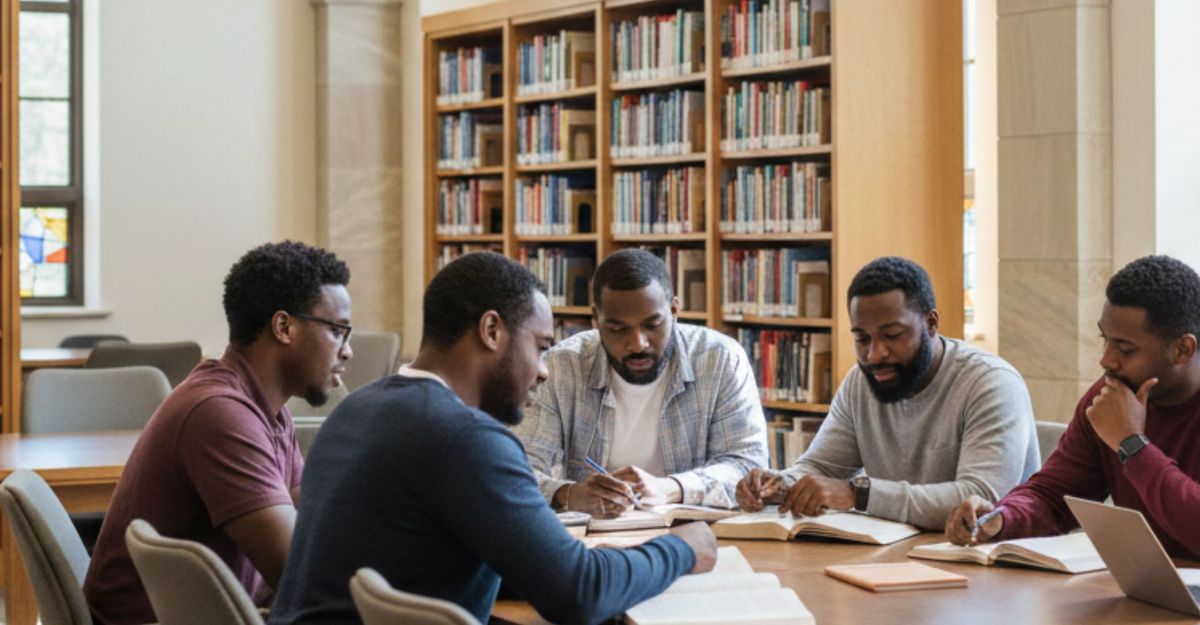 A group of diverse adult students collaborate and study in a bright, modern library setting filled with books.