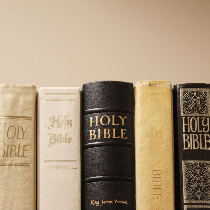 Five Holy Bibles on a shelf together. 