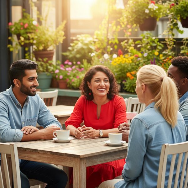 A small group of people talking and connecting warmly, representing the body of Christ. A small group of people talking and connecting warmly, representing the body of Christ.
