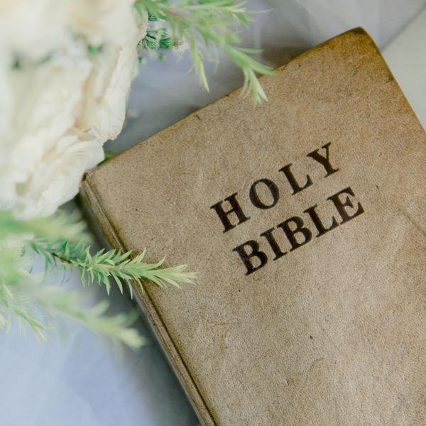 Holy Bible surrounded by white flowers. 