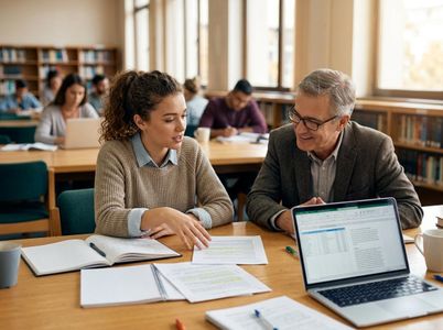 A young woman talks to a male professor at a library table with documents and a laptop, while other students study in the background. Student and professor consulting in a library
