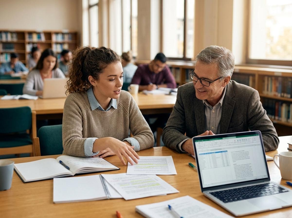 Student and professor consulting in a library