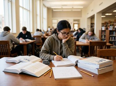 Student studying for SAT in library