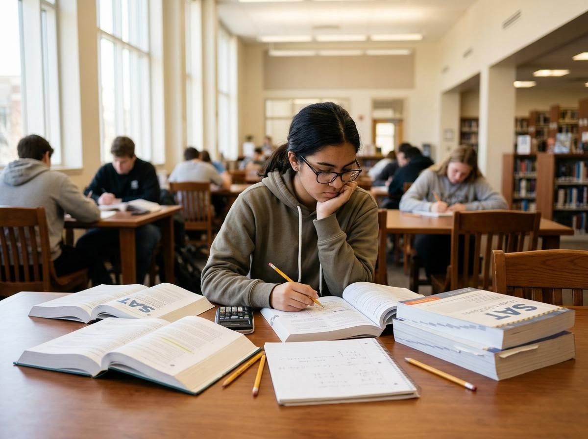 Student studying for SAT in library