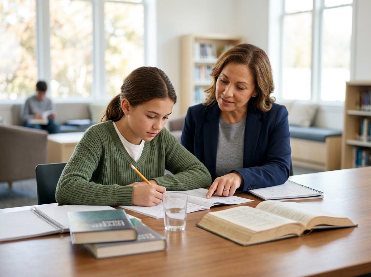 Female Tutor Guiding a Young Student in a Library