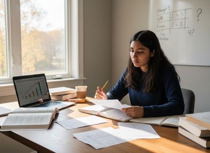 Young Woman Studying at Desk with Laptop