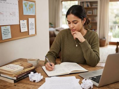 Young Woman Writing and Studying at Home Desk