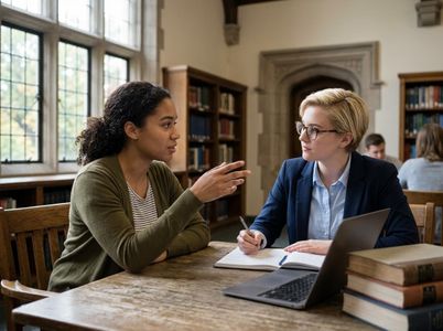 Two women are at a library table. One speaks, gesturing; the other listens and takes notes. A laptop, books, tall windows, and bookshelves are visible. Two women discussing and studying in a library