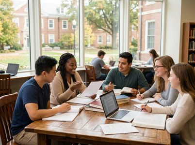 A diverse group of college students engaged in a lively study session around a large wooden table in a bright library or campus building. Diverse College Students Studying Together