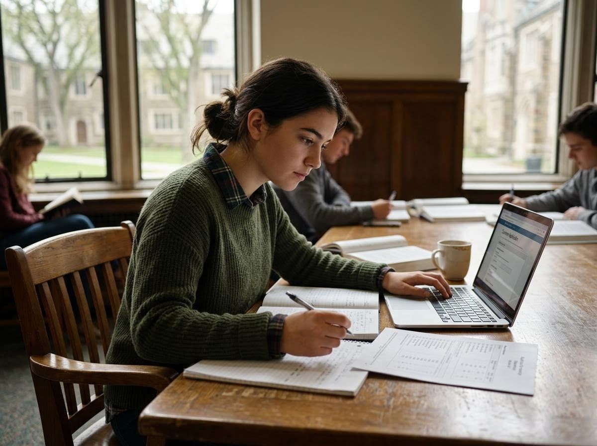 Female student studying in a university library