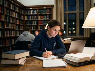 Student studying in a university library at night