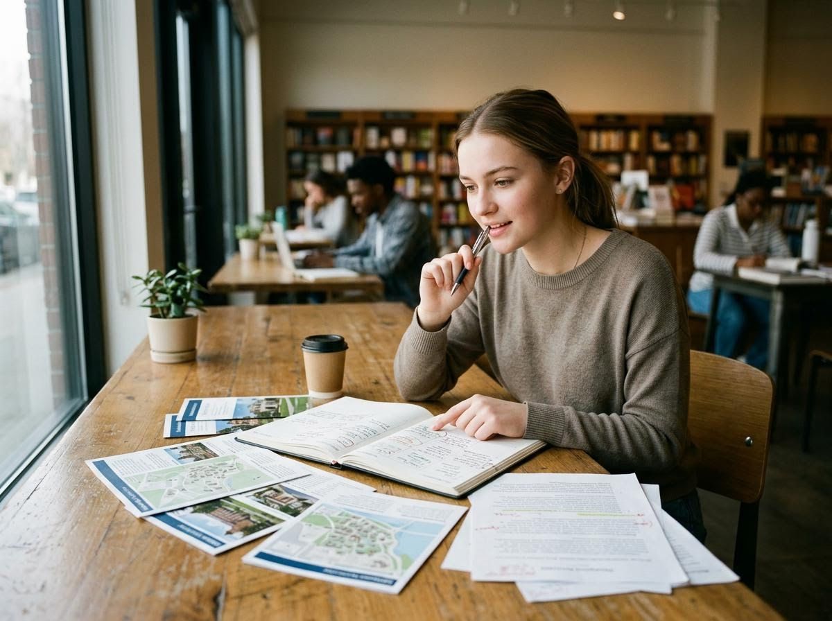 Young woman studying at a table with a notebook and maps