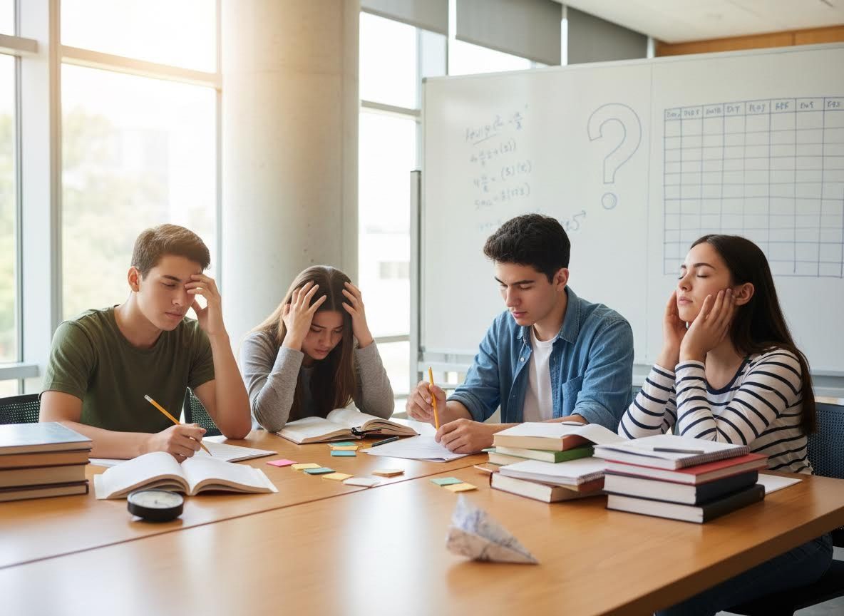 Four students looking stressed while studying