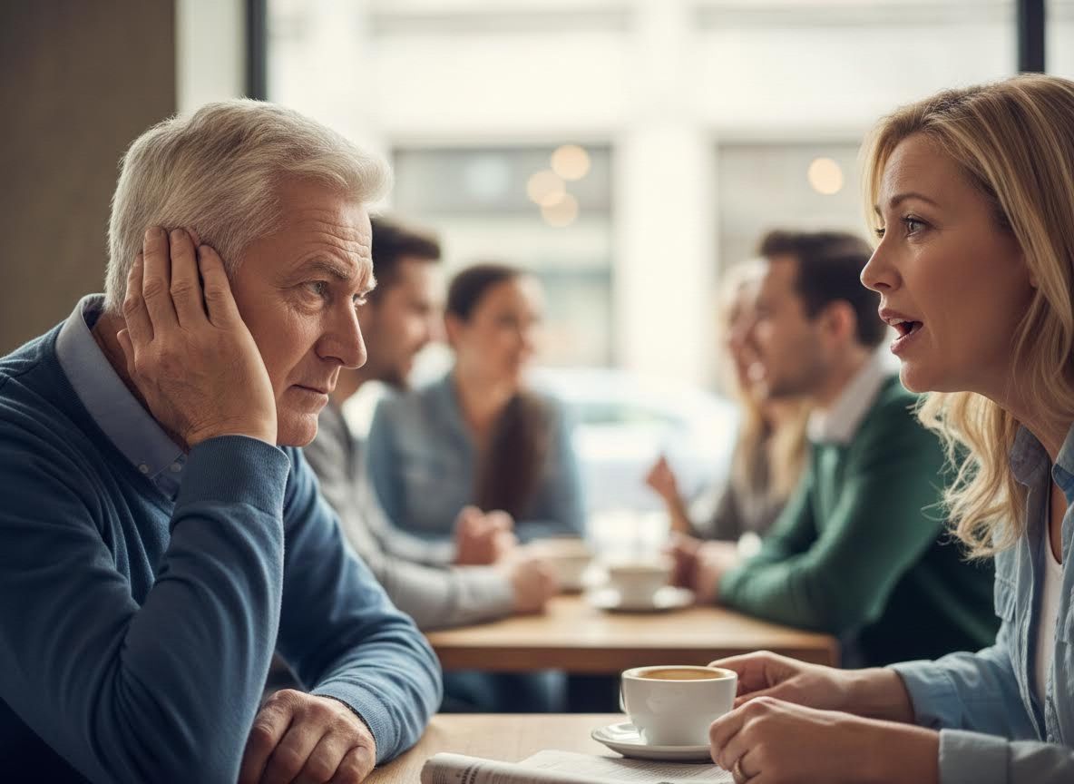 Man listening to woman talk in a cafe